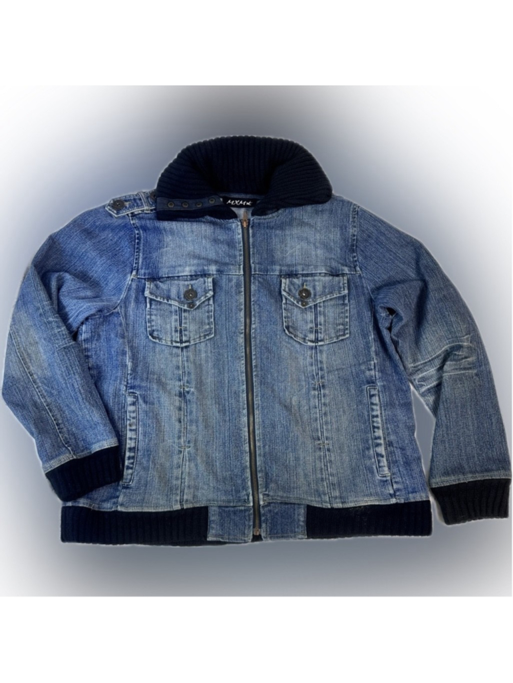 Vintage 90s/2000s Denim Jacket with Knit Trim – Size 16